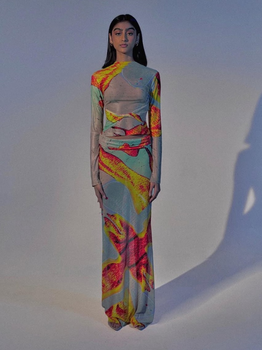 Ru by Rupal Abstract Fire Print Long Sleeve Maxi Skirt sheer mesh
